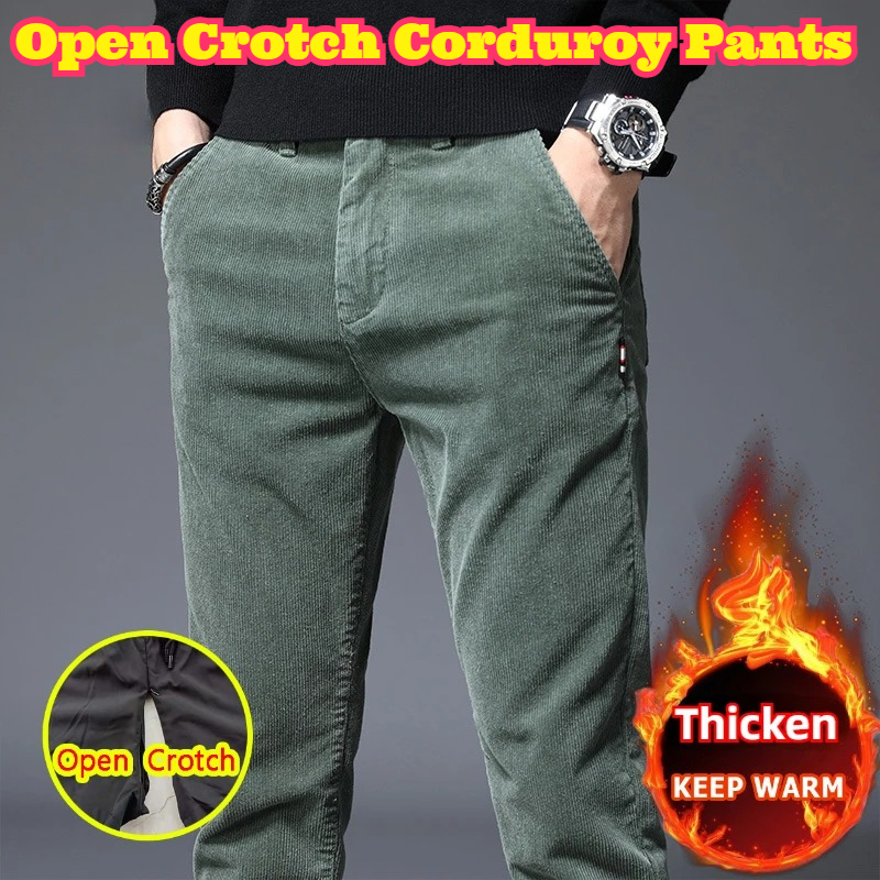 Corduroy Pant Warm - กางเกงขายาวผู้ชายแบบเปิดเป้า ผ้าลูกฟูกบุขนสำหรับฤดูใบไม้ร่วงและฤดูหนาว ทรงสลิมตรง สไตล์ลำลอง ทันสมัย ใช้งานได้หลากหลาย