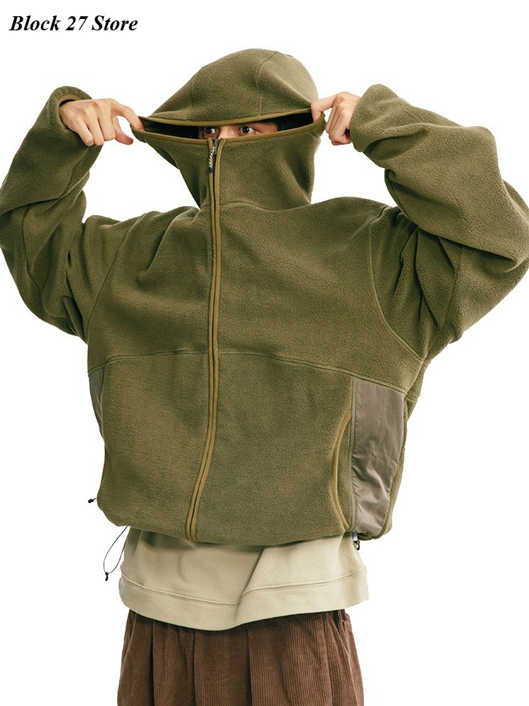 Sherpa Hoodie Fleece - เสื้อฮู้ดผู้ชาย ผ้าฝ้าย สำหรับฤดูใบไม้ร่วงและฤดูหนาว เสื้อแจ็คเก็ตสำหรับเล่นกีฬากลางแจ้ง สีพื้น ทรงหลวม