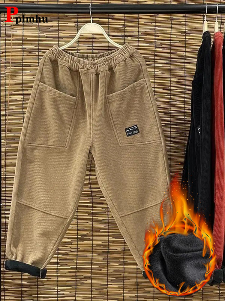 Corduroy Pant Warm - กางเกงฮาเร็มสำหรับผู้หญิงกำมะหยี่ทรงแบ็กกี้เอวสูงผ้าลูกฟูก, กางเกงวอร์มเอวสูงคลาสสิกผ้าลูกฟูกสวมใส่เล่นหิมะ