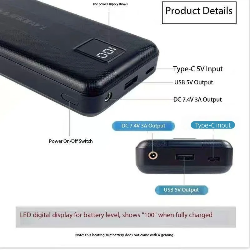 Heated Vest Battery - แบตเตอรี่พาวเวอร์แบงค์ความจุสูง 7.4V/3A/16000mAh/20000mAh กระแสไฟสูง สำหรับเสื้อกันหนาวไฟฟ้า เสื้อกั๊กไฟฟ้า และผ้าพันคอไฟฟ้า