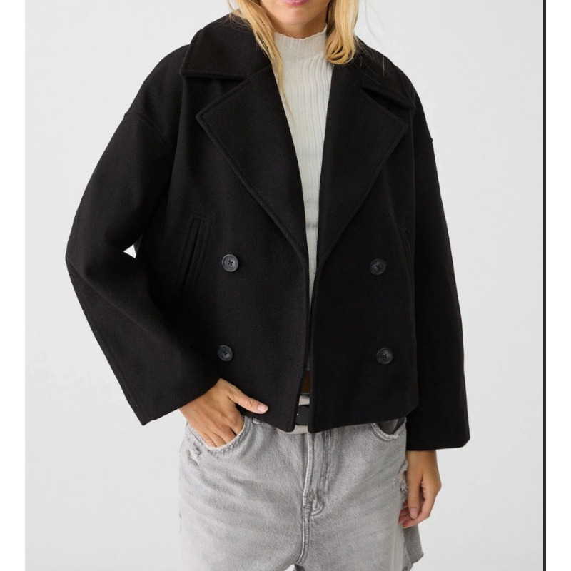 Wool Coat Peacoat - เสื้อโค้ทขนสัตว์ผสมทรงโอเวอร์ไซส์แบบกระดุมสองแถวสำหรับผู้หญิง สีน้ำตาล เสื้อคลุมสั้นลำลอง