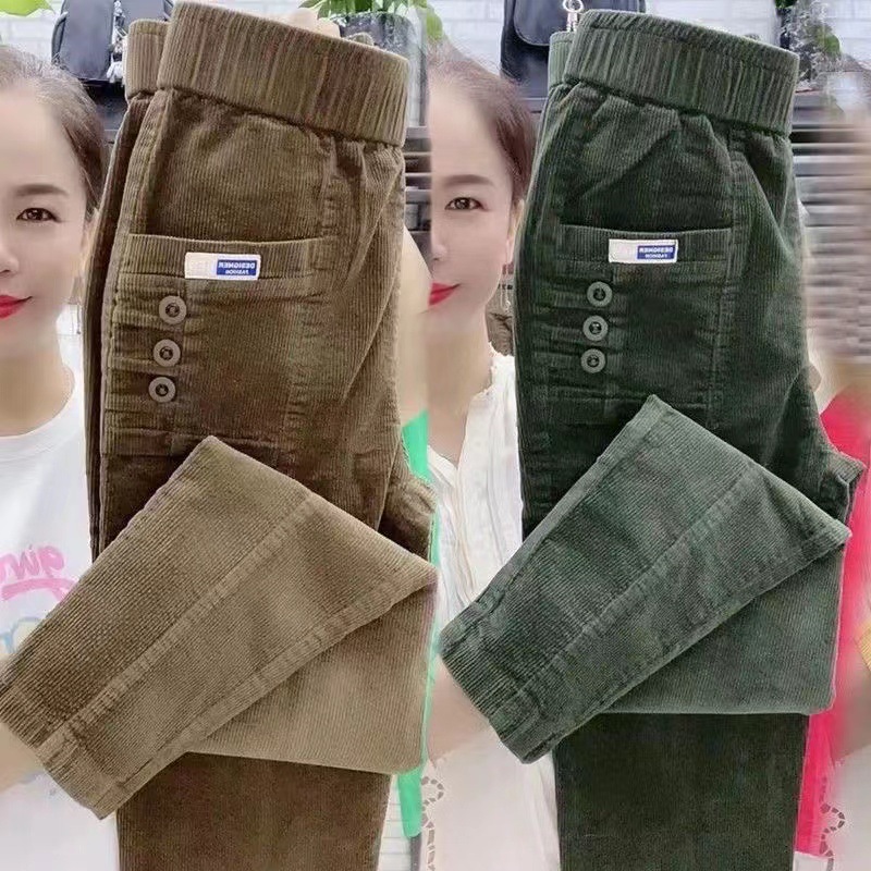 Corduroy Pant Warm - ผู้หญิงฤดูใบไม้ผลิฤดูหนาวปุ่มกระเป๋า Ruffles Vintage ขนาดใหญ่ Plus ขนาดลําลองแฟชั่นกางเกงหลวม
