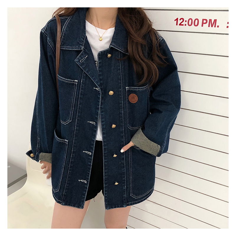 Down Jacket Packable - สีน้ําเงินเข้ม DENIM แจ็คเก็ตผู้หญิงฤดูใบไม้ผลิฤดูใบไม้ร่วงหลวม Single-breasted Coat เกาหลีสไตล์ลําลองเสื้อนอก