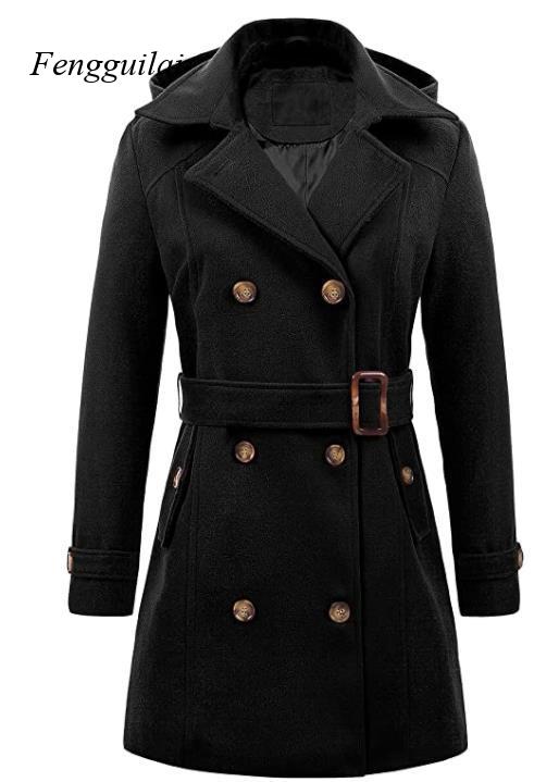 เสื้อโค้ทผู้หญิงสีดำแบบมีฮู้ด  - Wool Coat Peacoat บทวิจารณ์และราคา